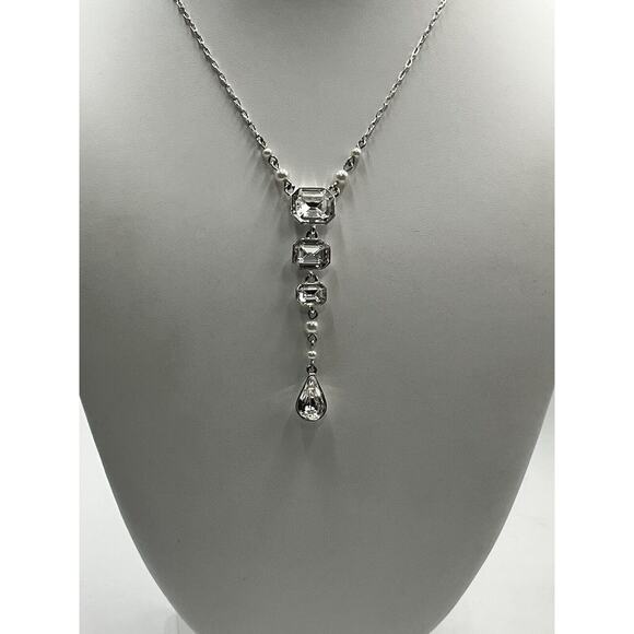 Givenchy Vintage Silver Tone Sparkling Rhinestone Faux Pearl Y Drop Necklace - Picture 14 of 14